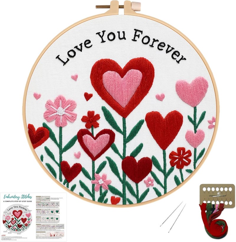 Nuberlic Valentine Embroidery Kit for Beginners - Heart Floral Design Adults Starter Cross Stitch Kit DIY Needlepoint with Hoop, Pre-Printed Fabric, Threads & Step-by-Step Guide - Image 1